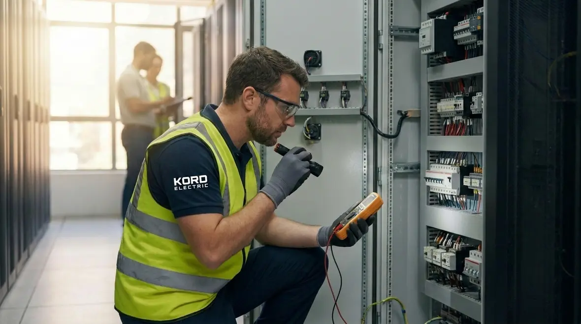 Technician reviewing a commercial electrical panel capacity layout before upgrades