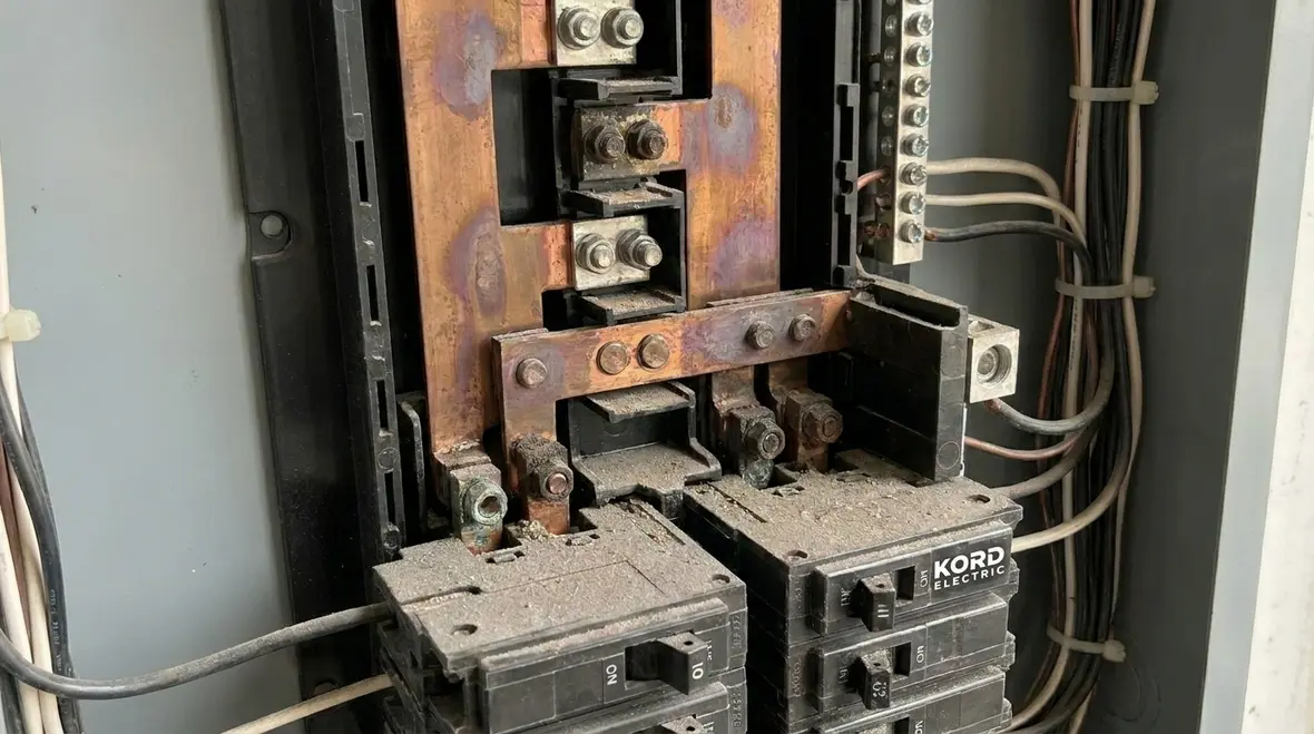 Technician reviewing a commercial electrical panel for capacity expansion