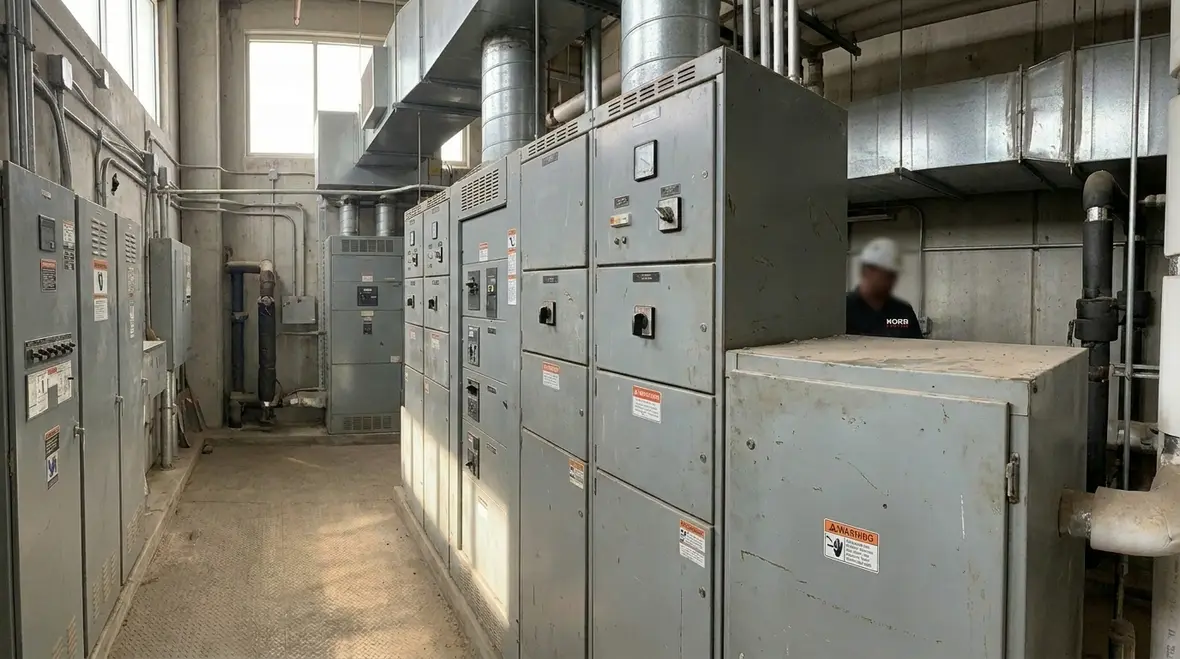 Industrial electrical room with commercial panels and distribution gear