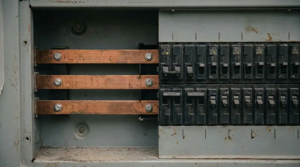 Technician performing commercial electrical panel load balancing in a mechanical room