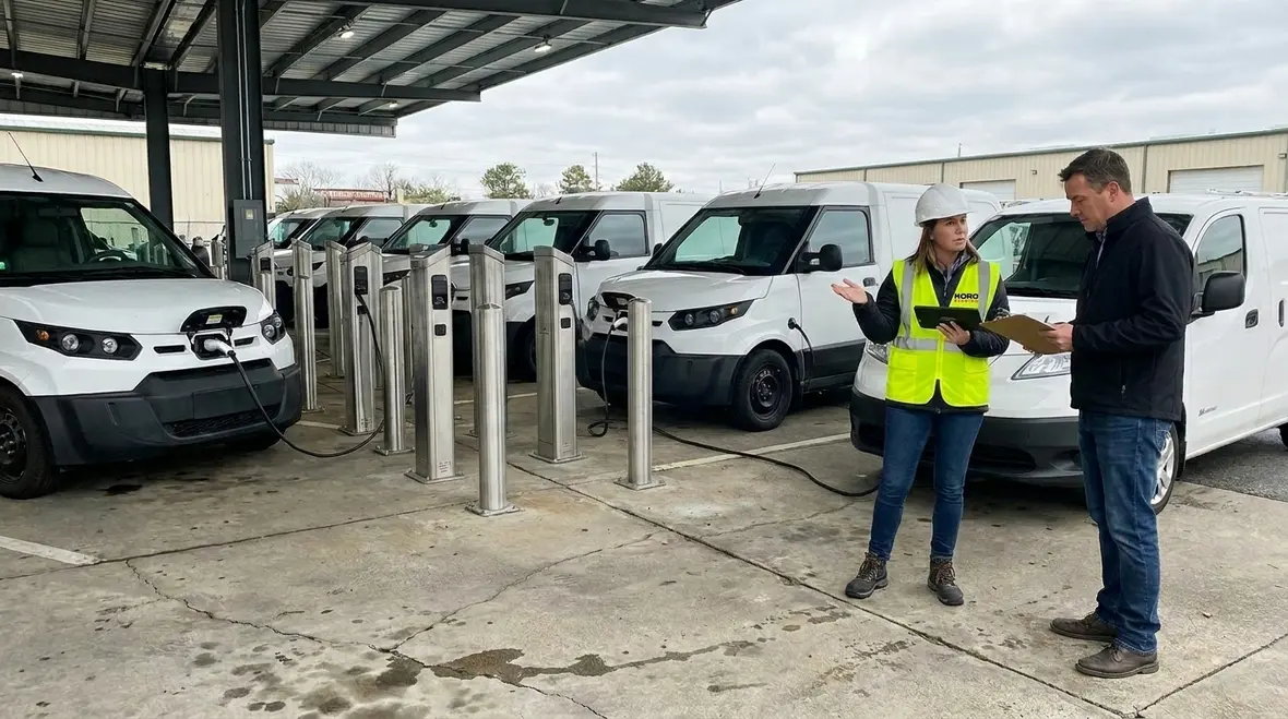Commercial fleet EV charging infrastructure load-balanced at an electrical panel
