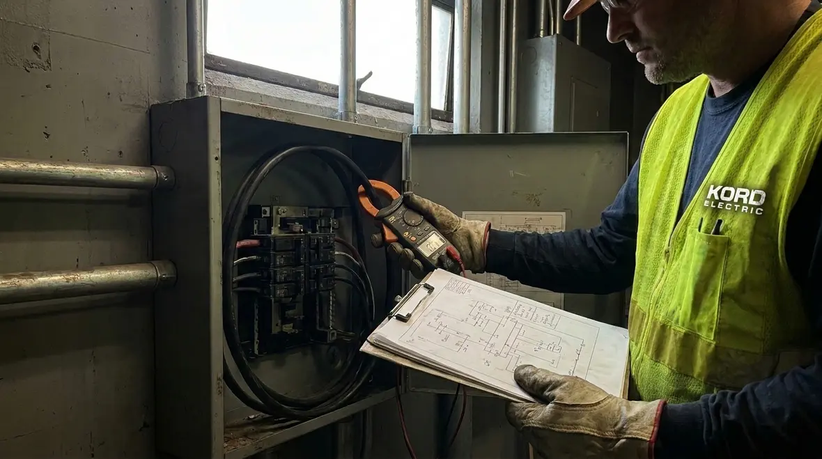 Technician metering phases inside a commercial electrical distribution panel