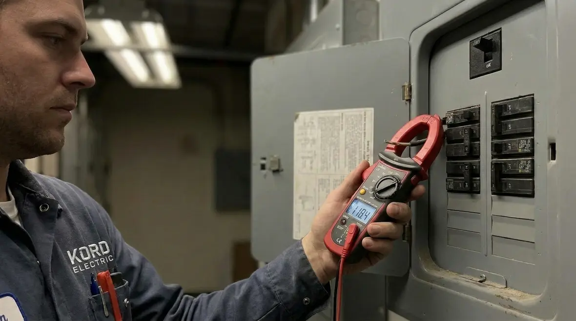 Electrician performing a safe overload investigation on a commercial panel