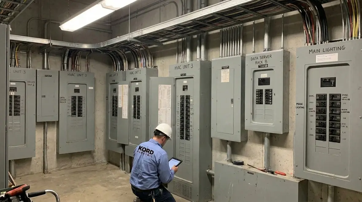 Breaker panel under diagnostic testing for voltage swings