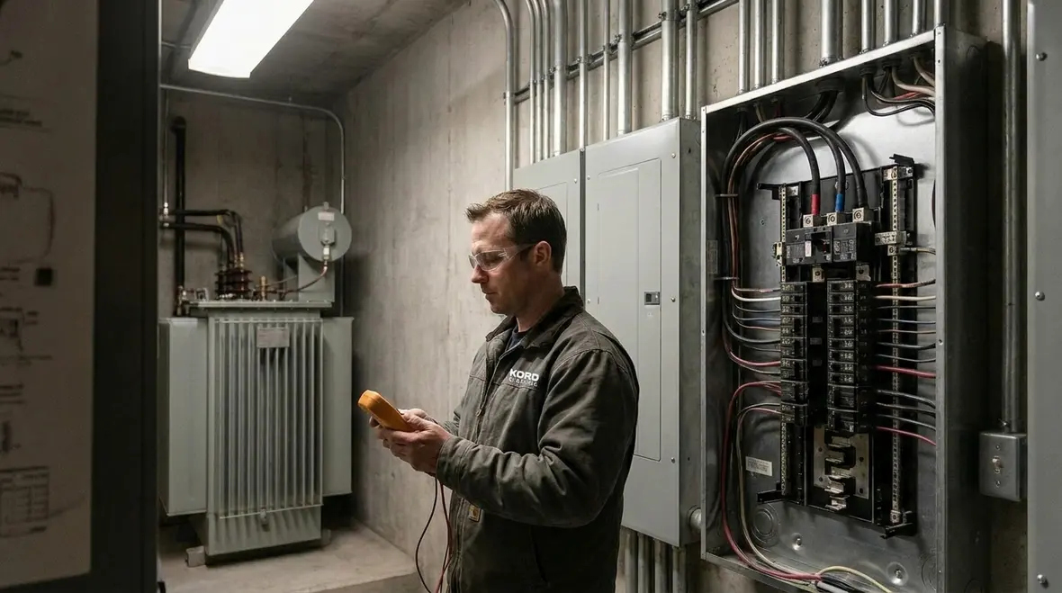 Technicians inspecting commercial electrical gear for hidden risks before EV installation