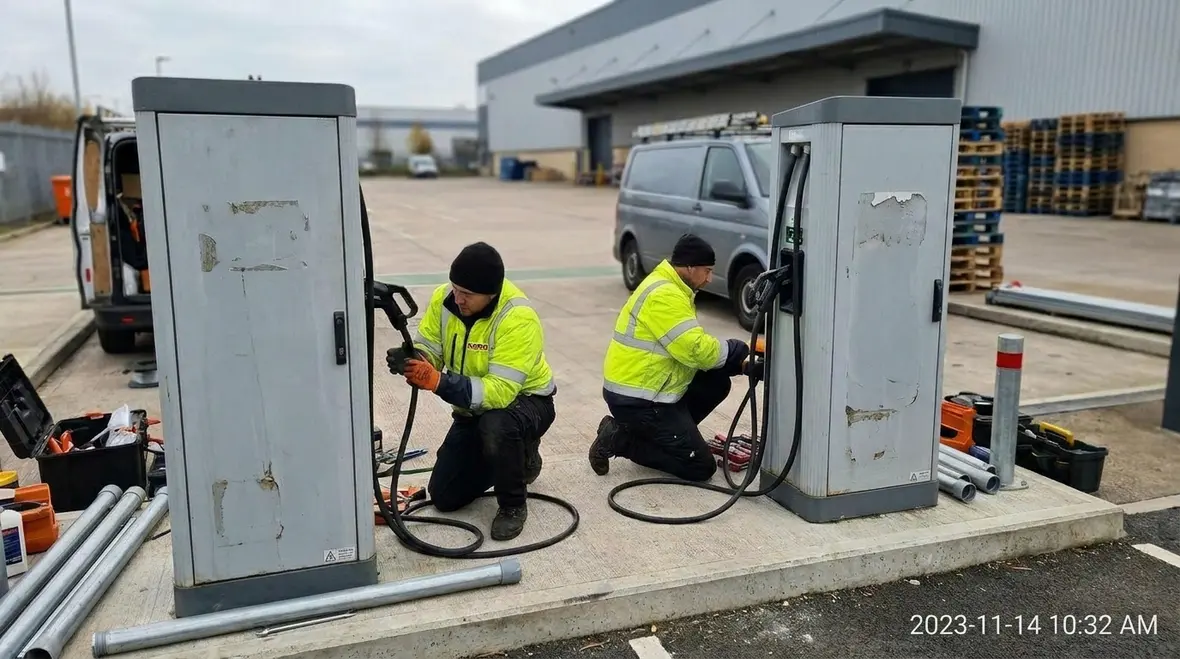 Commercial EV fleet charger installation at an industrial facility