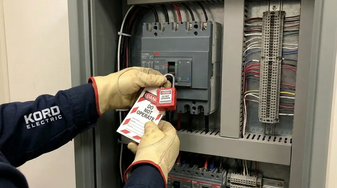 Close-up of a commercial electrical panel showing labeled circuits and safe clearances