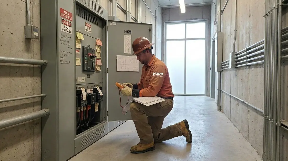 Commercial electrician inspecting a labeled electrical panel in a mechanical room