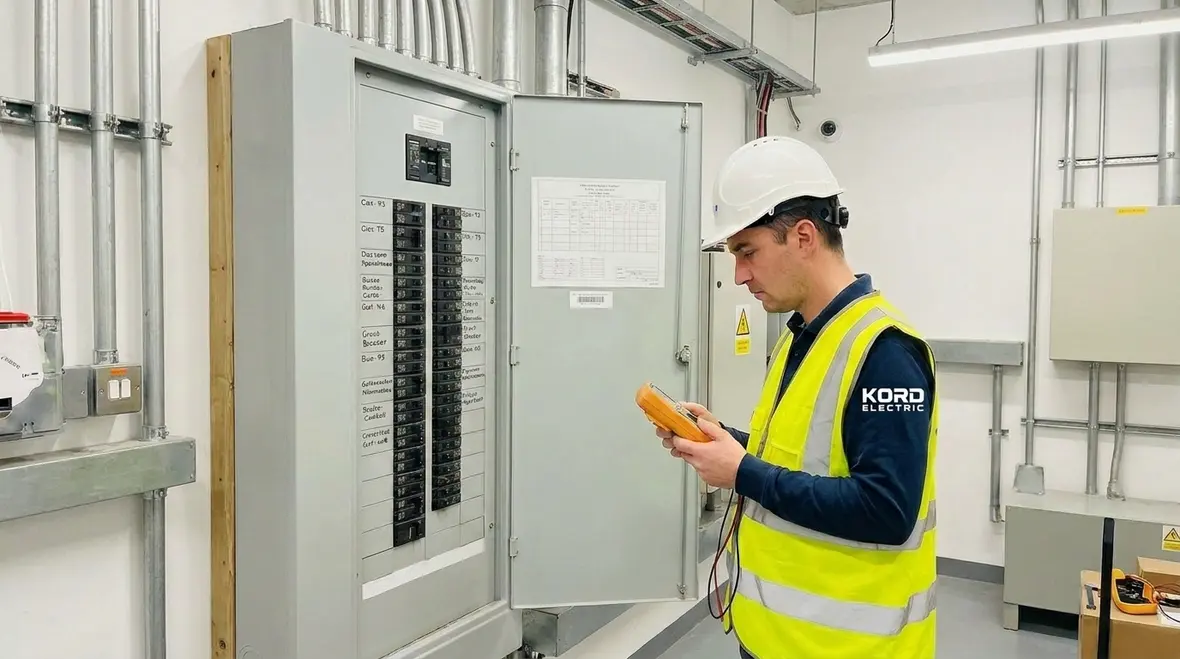 Commercial electrician reviewing a building electrical panel for safety