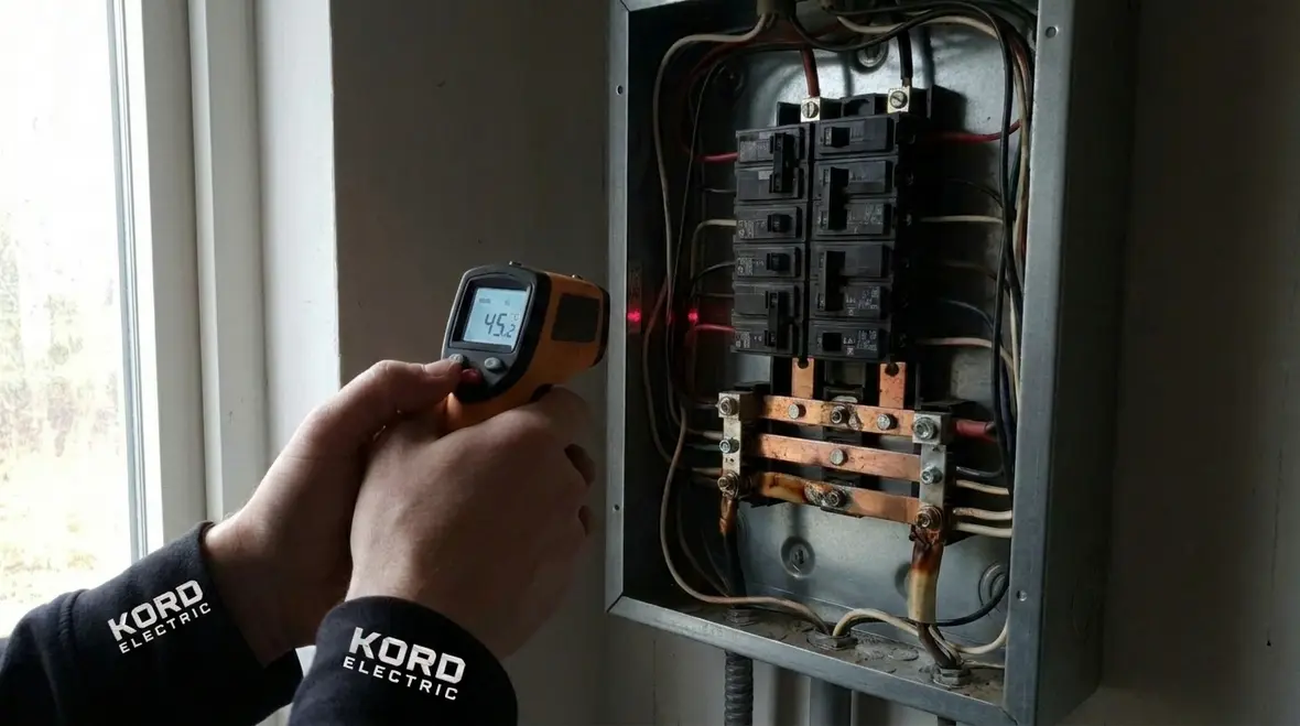 Technician inspecting a commercial electrical panel for safety issues
