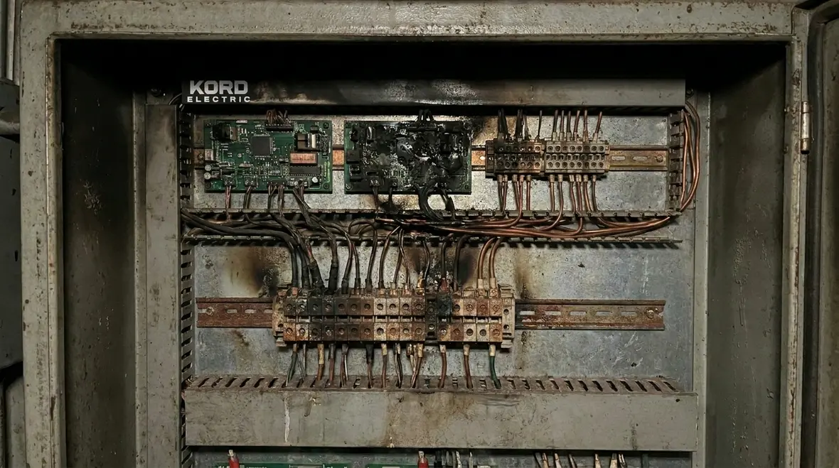Technician evaluating hidden electrical risks after a surge event in a commercial panel