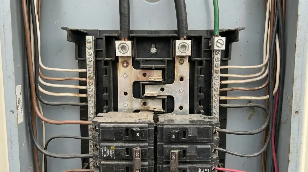 Technician performing commercial electrical panel troubleshooting in a mechanical room