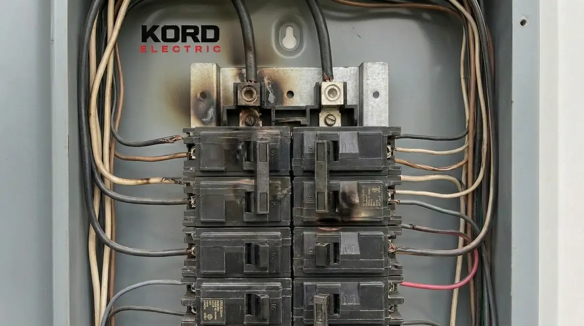 Close up of a commercial electrical panel showing discoloration and wear