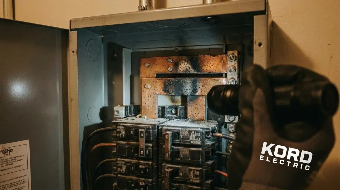 Technician performing commercial electrical panel upgrades in a mechanical room