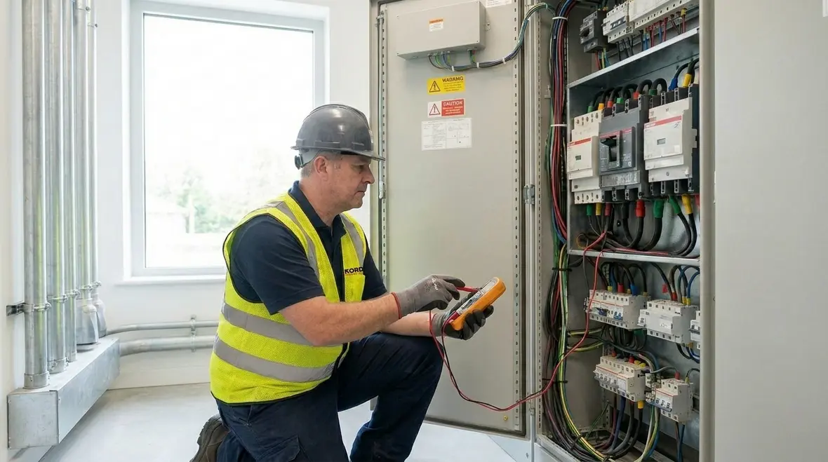 Technician performing commercial electrical preventive maintenance in a main switchgear room