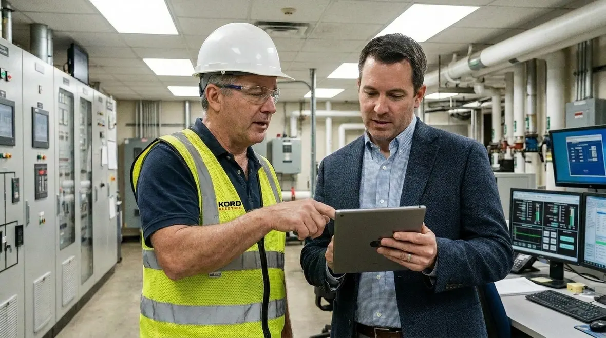 Facility manager reviewing commercial electrical safety audit documentation