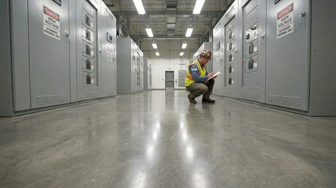 Kord Electric technicians reviewing commercial electrical safety audit findings with a facility team