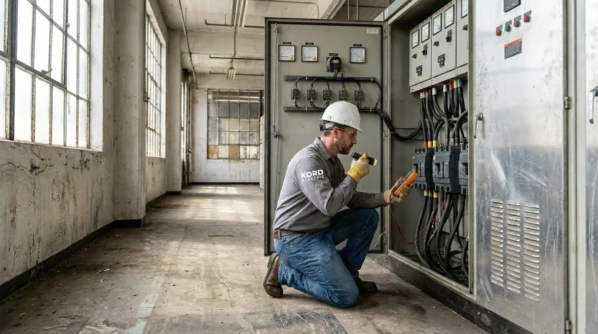 Technician performing a commercial electrical safety audit in a facility