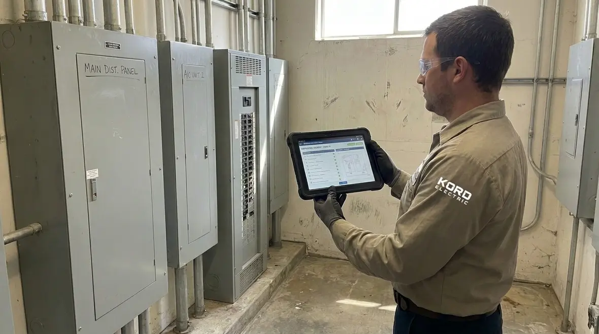 Technician performing commercial electrical safety audits in a commercial electrical room
