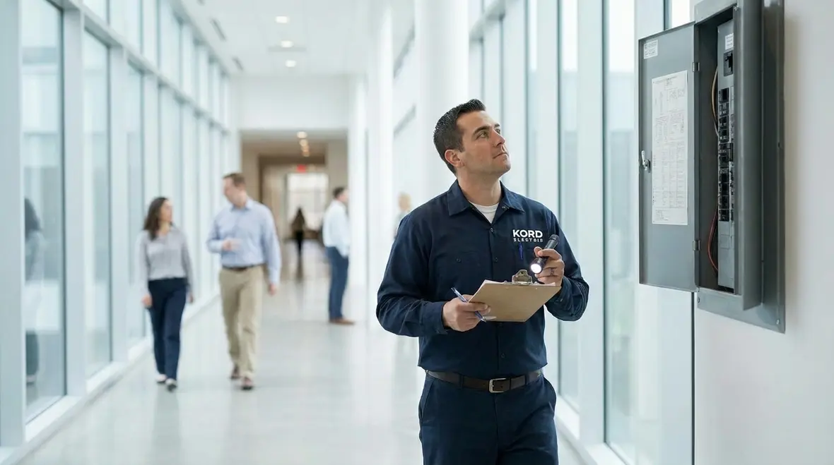 Technician performing a commercial electrical safety audit in an electrical room