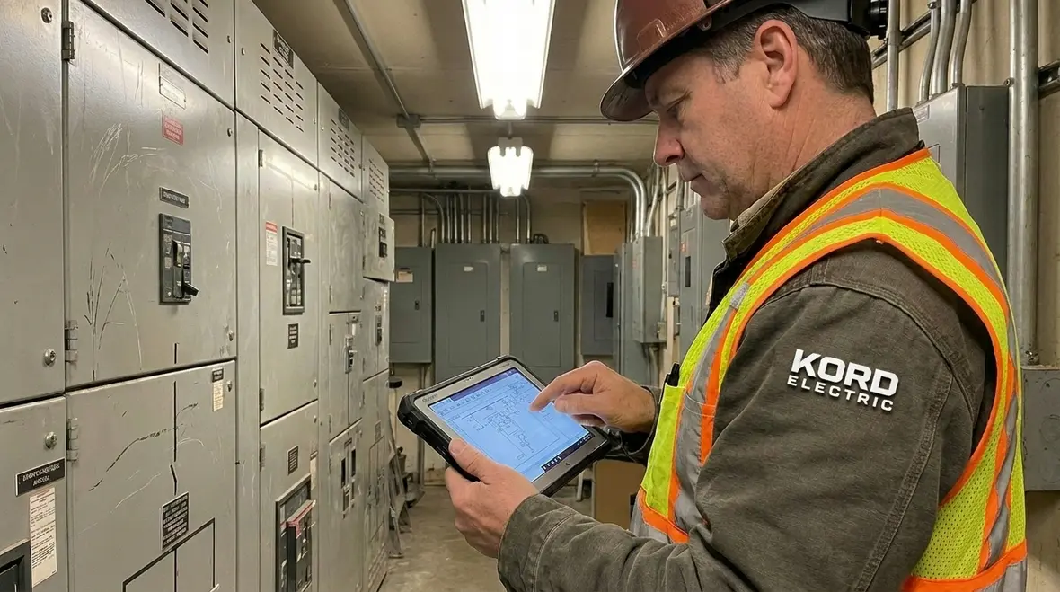 Electrical maintenance planning meeting in a commercial facility