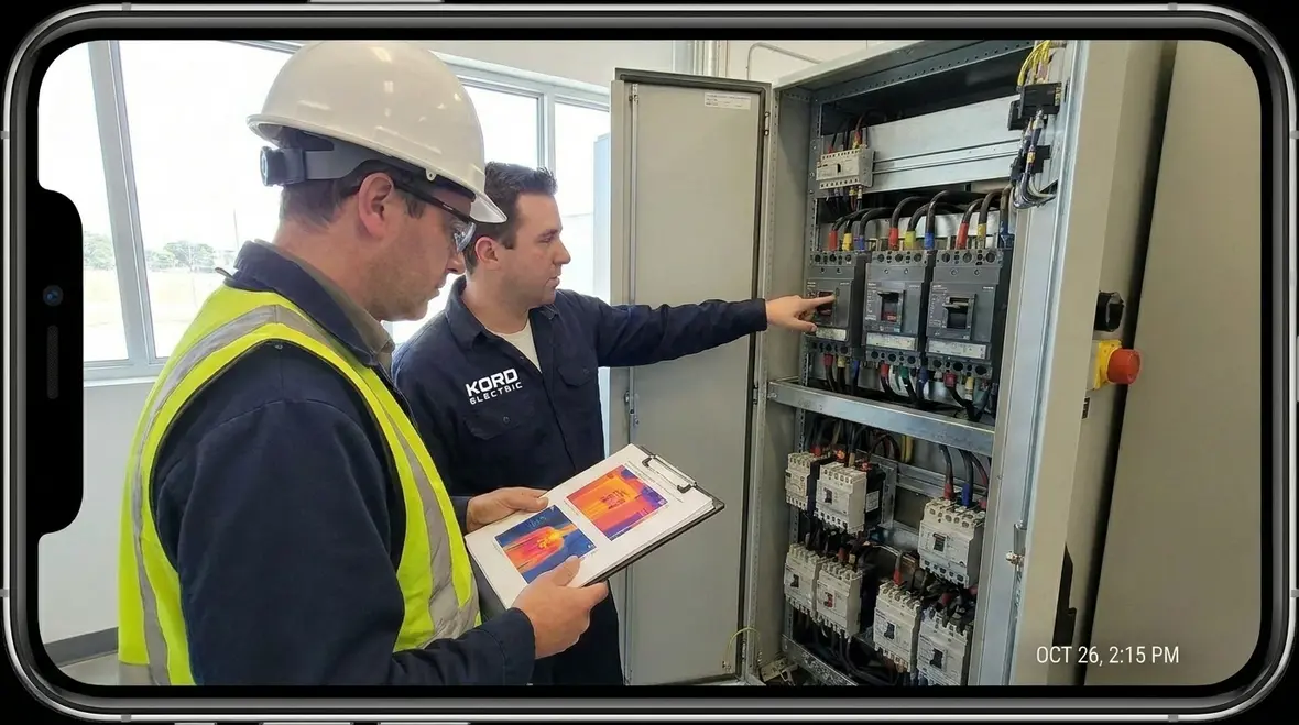 Technician documenting thermal scan results for switchgear