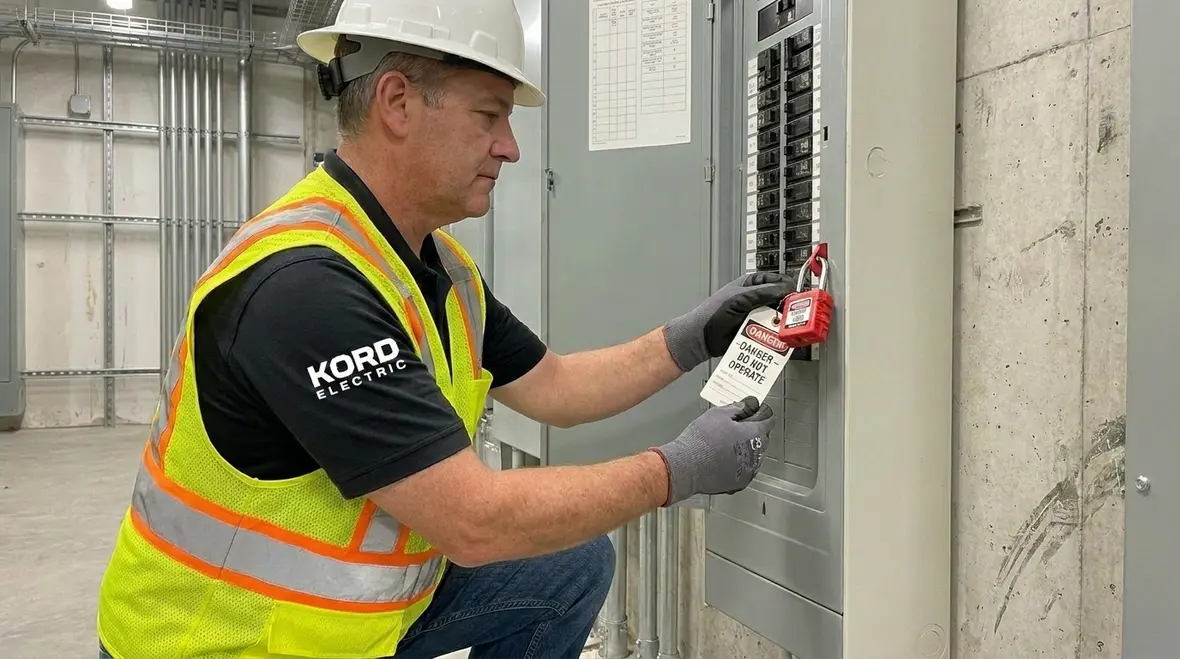 Commercial electrician performing safety inspection in an electrical room