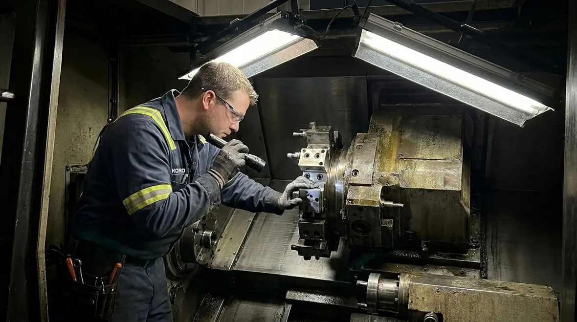 Technician reviewing industrial lighting zones for efficiency and safety