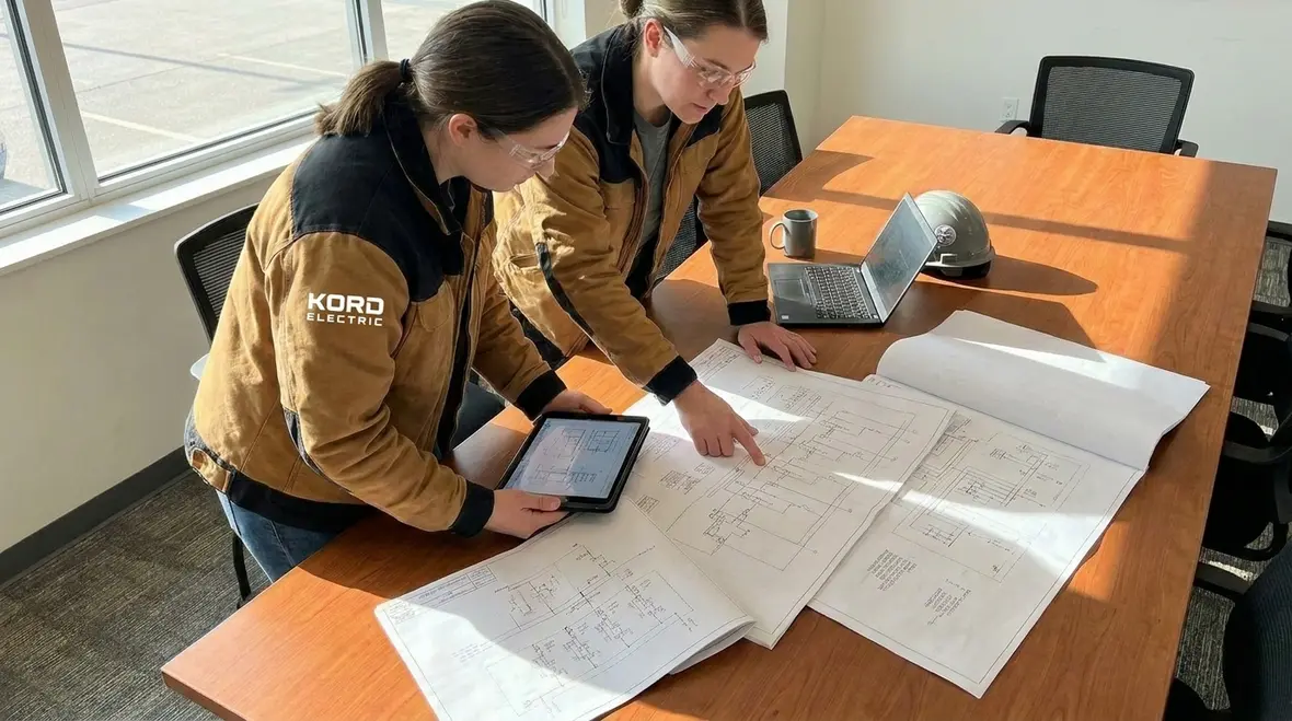 Technicians reviewing a commercial electrical service life cycle plan