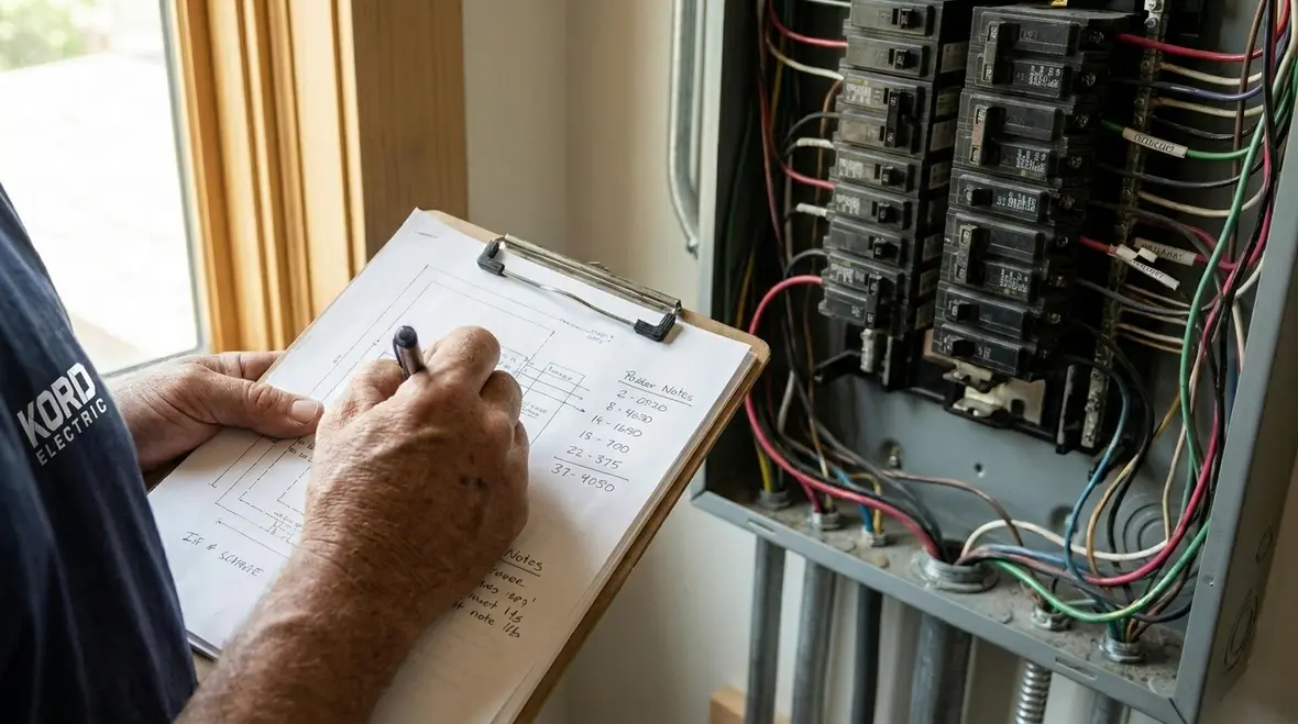 Commercial electrical room with labeled panels and switchgear