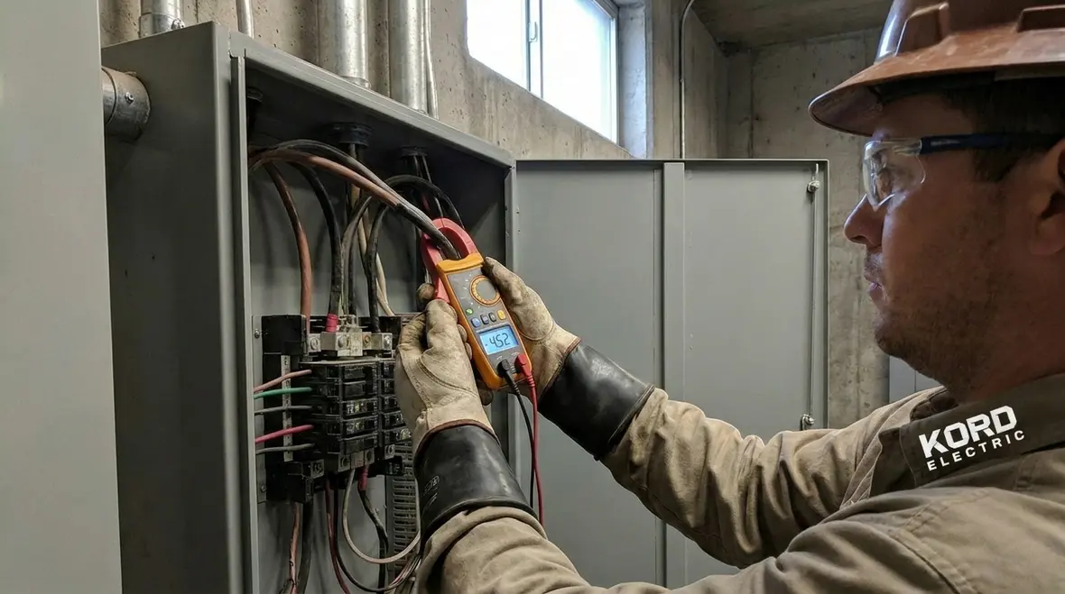 Technician reviewing a commercial electrical subpanel sizing plan