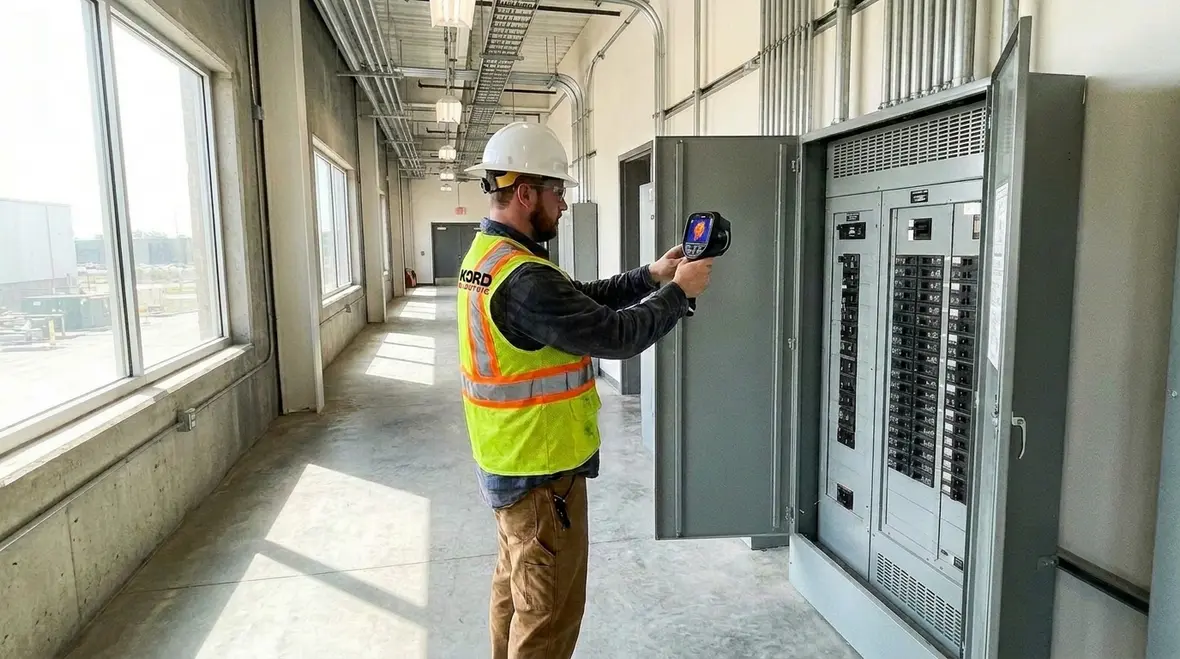 Technician performing a commercial electrical system audit in a main switchgear room