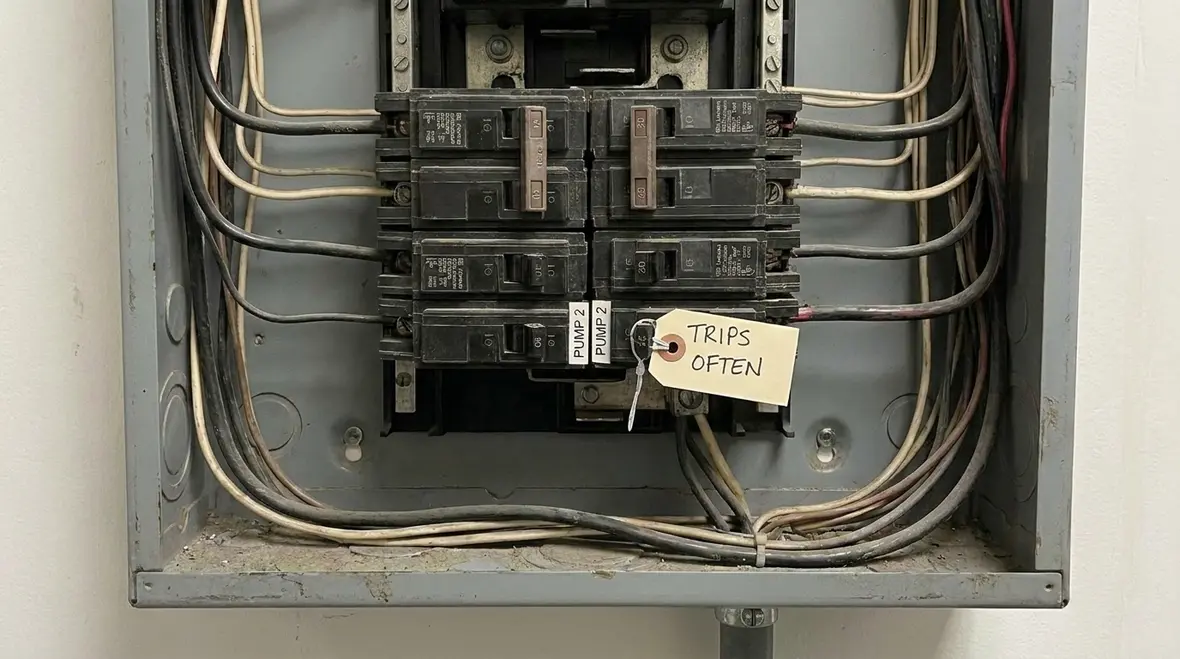 Commercial electrical panel with tripping breakers being inspected