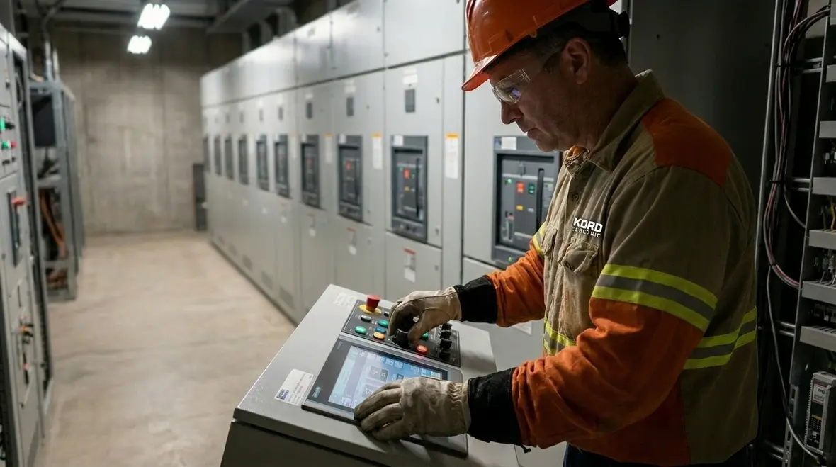 Engineer checking protective relay coordination inside a commercial electrical room