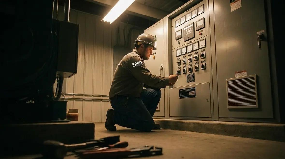 Technician reviewing commercial emergency power reliability plans inside an electrical room