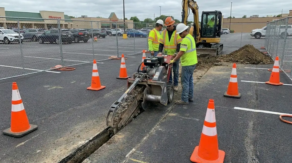 Construction crew trenching and installing conduit for EV chargers