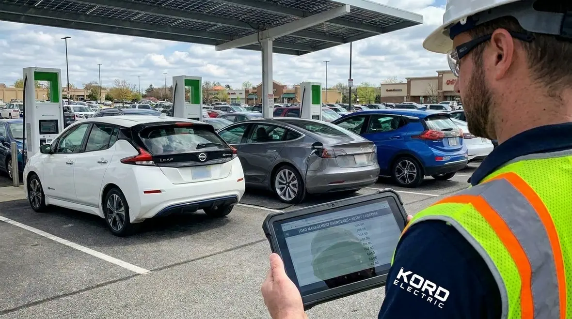 Commercial EV chargers with active load management at a business facility