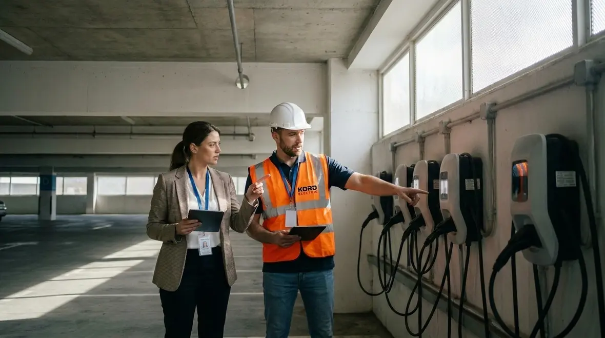 Commercial EV chargers in use at an industrial facility, reflecting utilization and payback