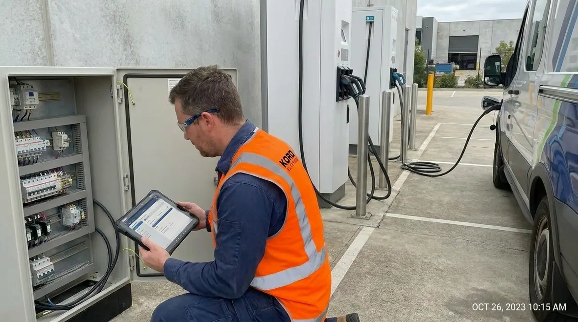 Technicians performing site audit and electrical load planning for EV chargers