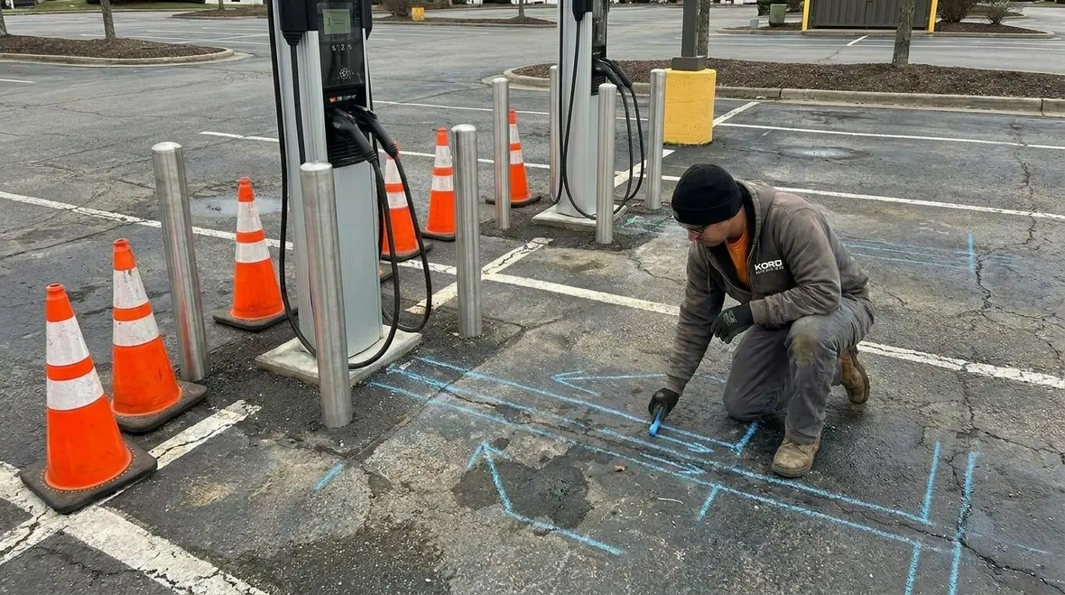 Engineers coordinating permits and utility requirements for EV charging project