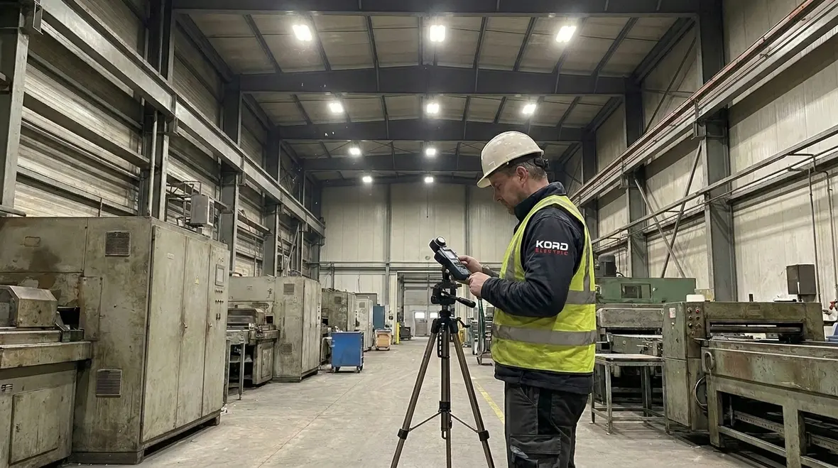 Technicians reviewing an industrial lighting layout design inside a commercial facility