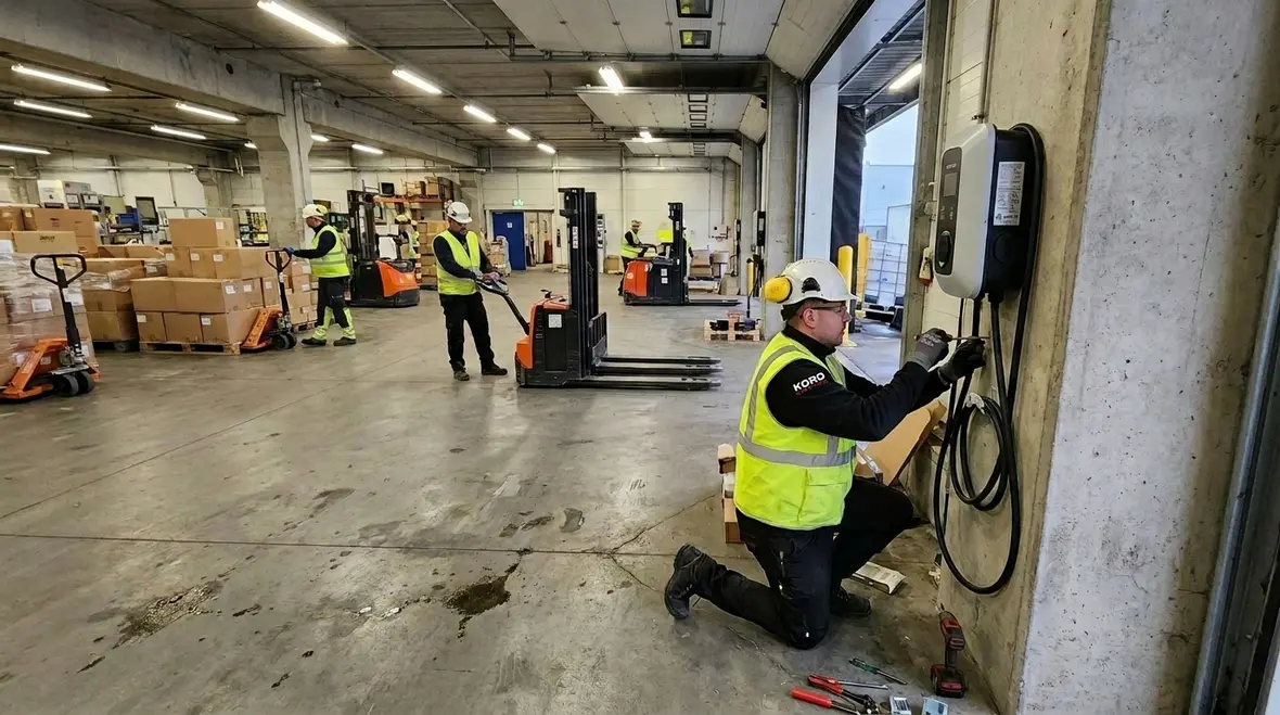Electricians configuring multi vehicle commercial EV charging equipment