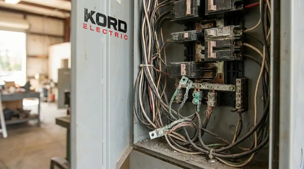 Commercial electrician inspecting an electrical panel for safety