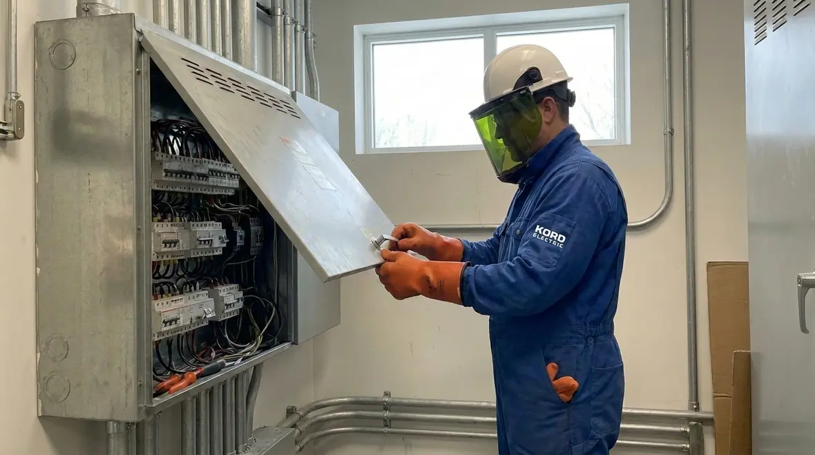 Commercial electrical room with panels serving mixed-use tenants