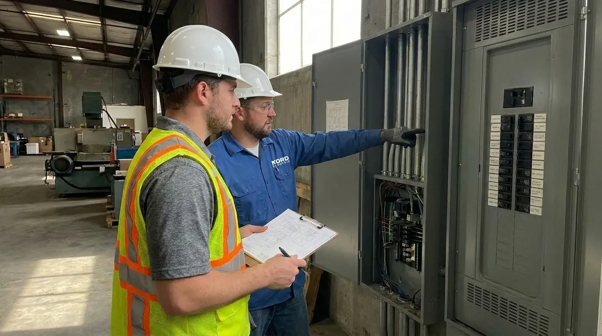 Technician reviewing commercial electrical panel capacity