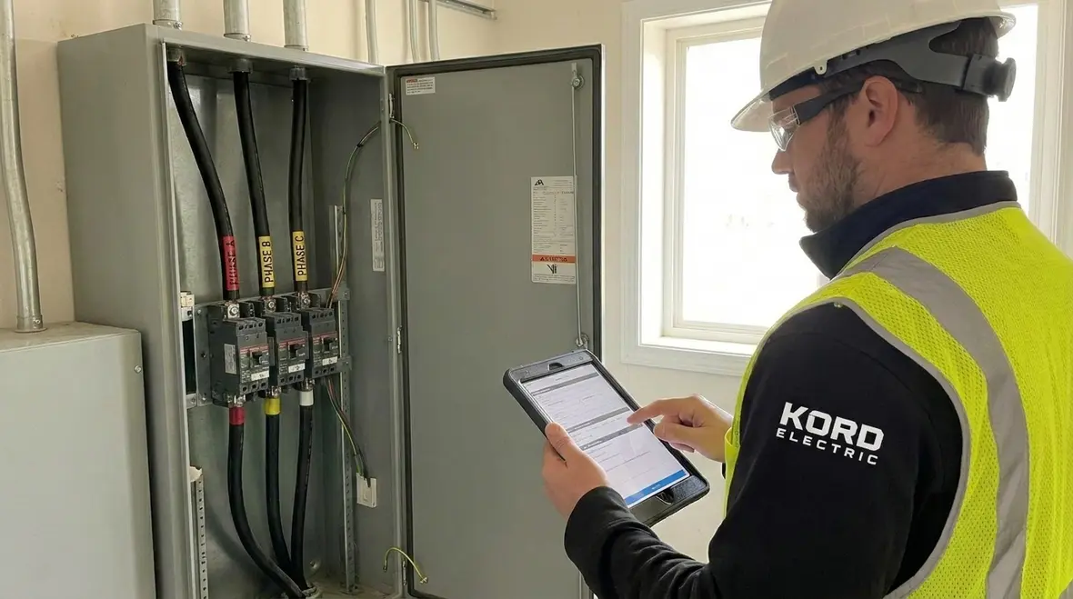 Technicians performing a commercial electrical load study and panel inspection