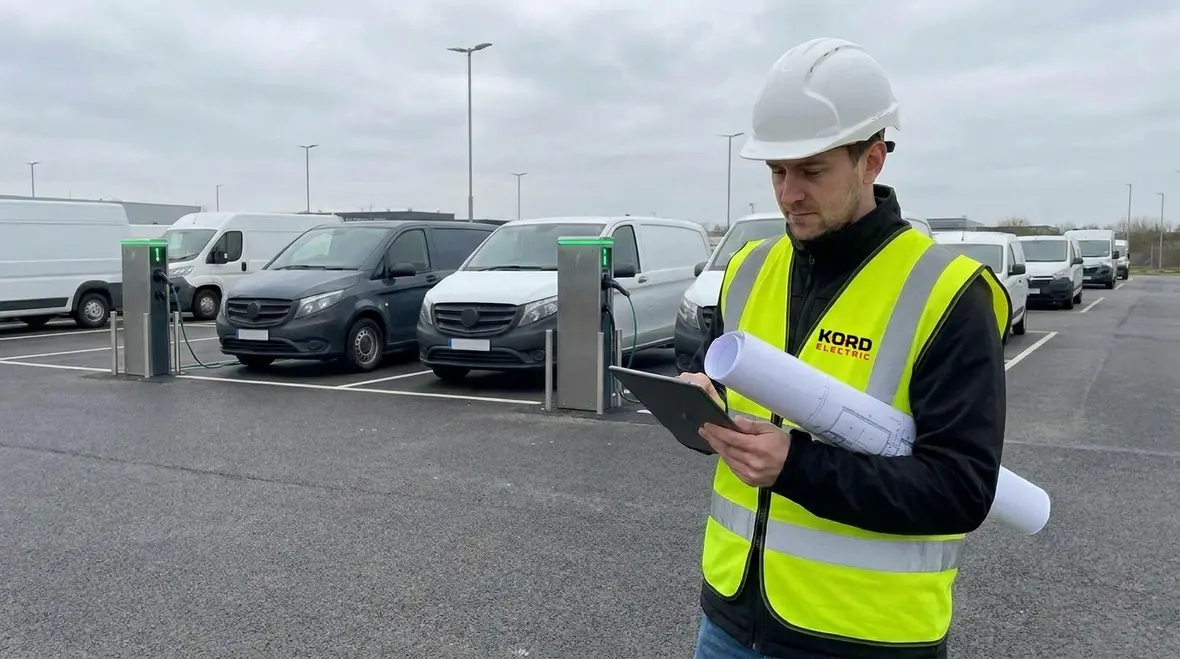 Commercial EV fleet infrastructure charging stations at a commercial facility