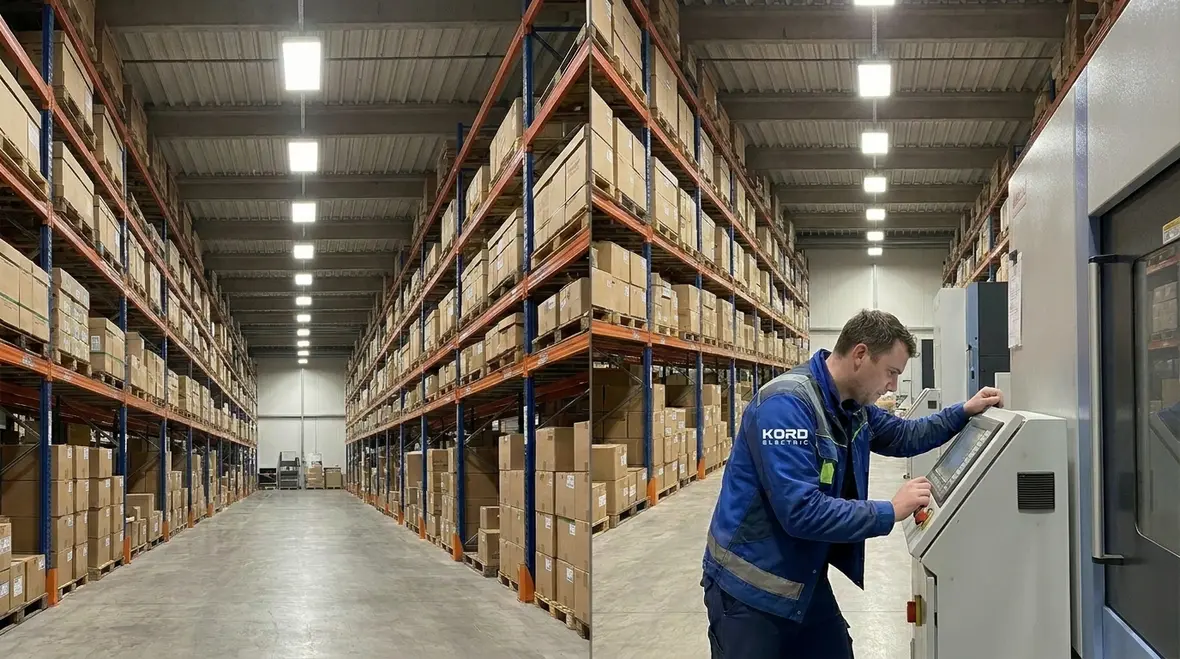 Warehouse lighting safety standards with clear, evenly lit aisles