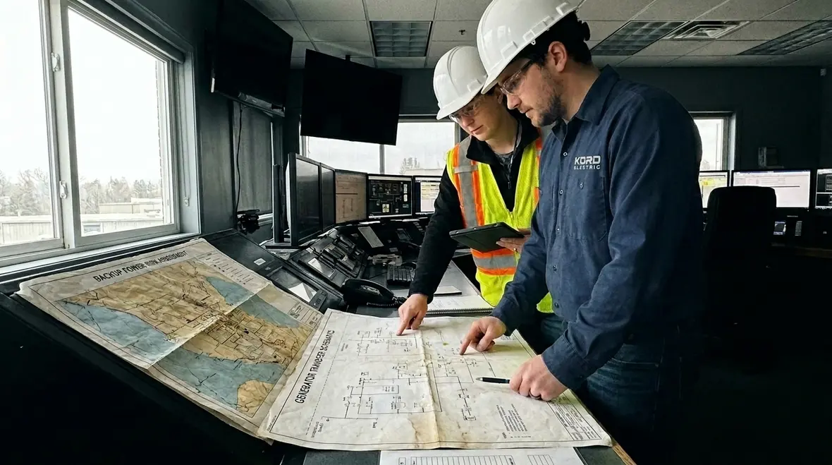 Technicians reviewing business continuity power strategies for a commercial facility