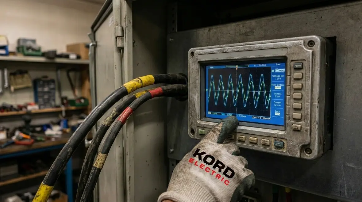 Technician reviewing power quality waveforms and electrical data